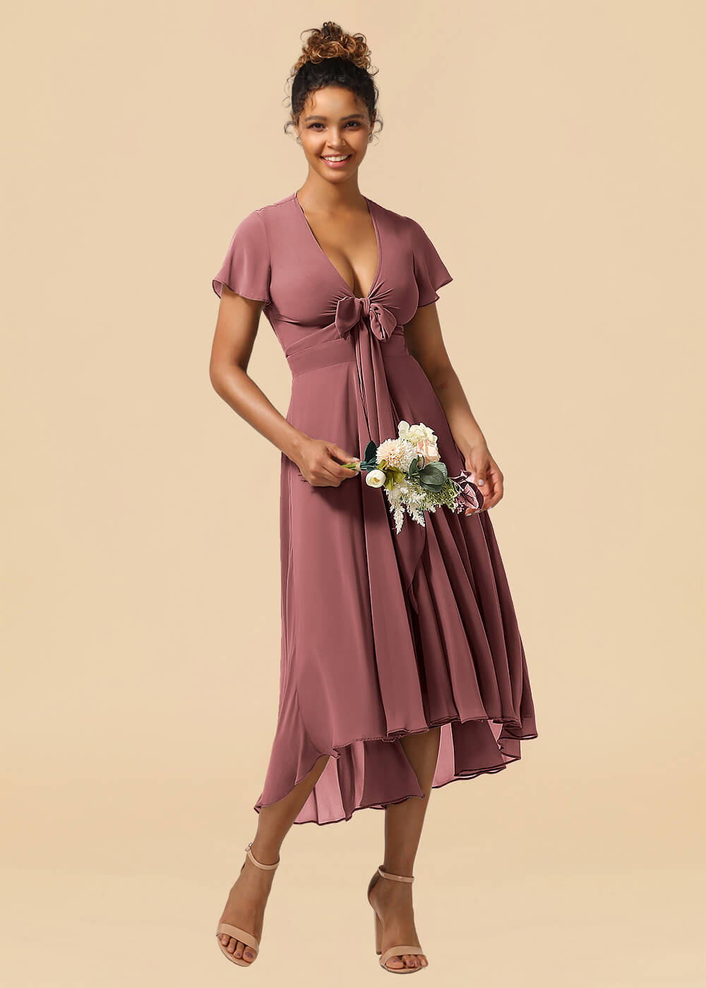 V-neck Cap Sleeve Tea Length High Low Chiffon A-line Bridesmaid Dress