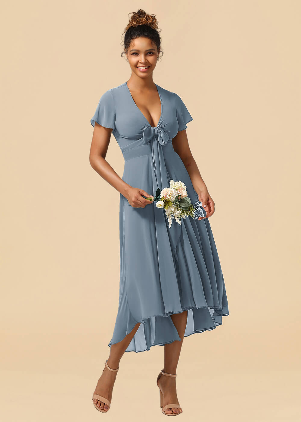 V-neck Cap Sleeve Tea Length High Low Chiffon A-line Bridesmaid Dress