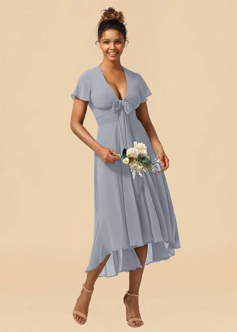 V-neck Cap Sleeve Tea Length High Low Chiffon A-line Bridesmaid Dress