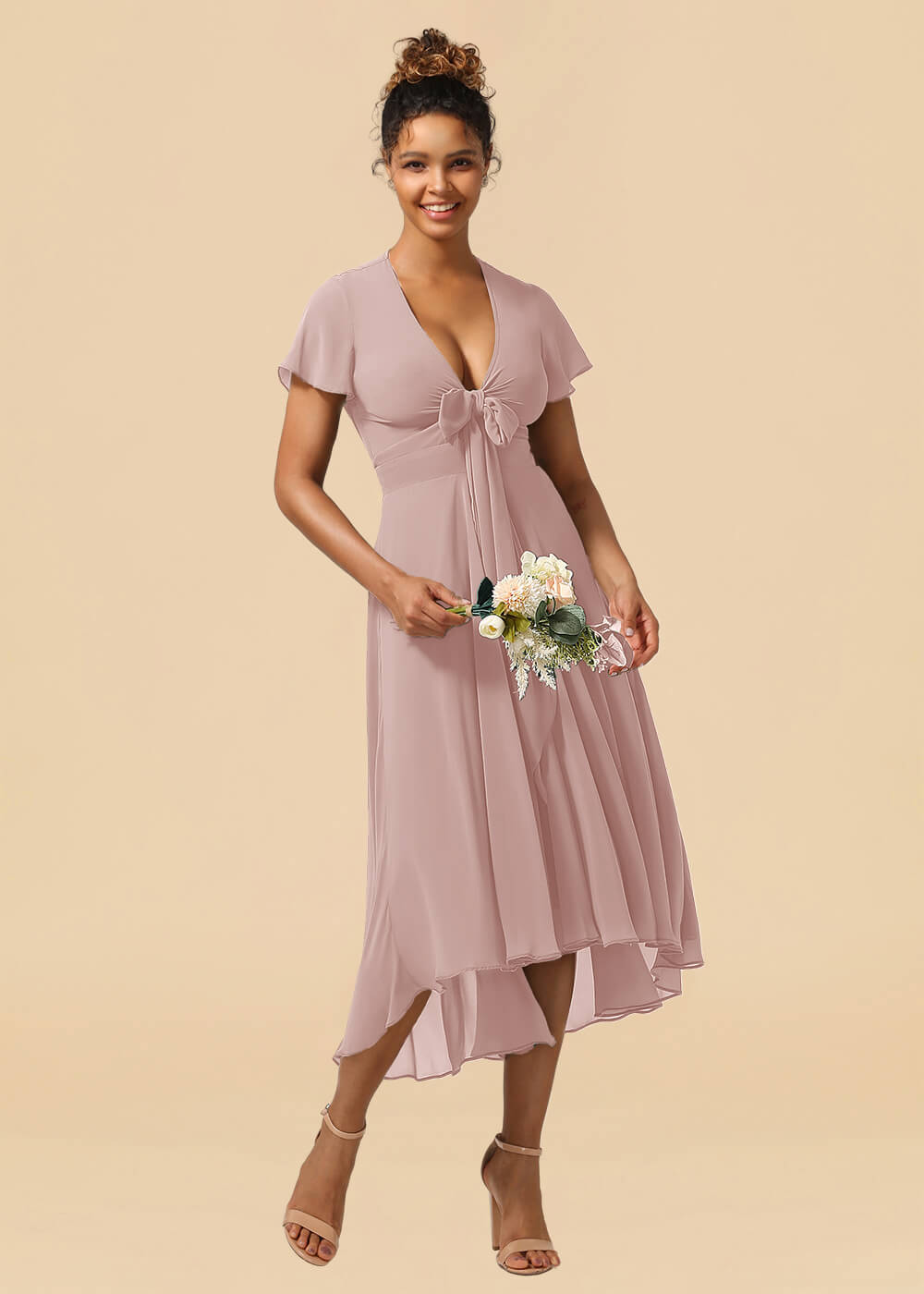 V-neck Cap Sleeve Tea Length High Low Chiffon A-line Bridesmaid Dress