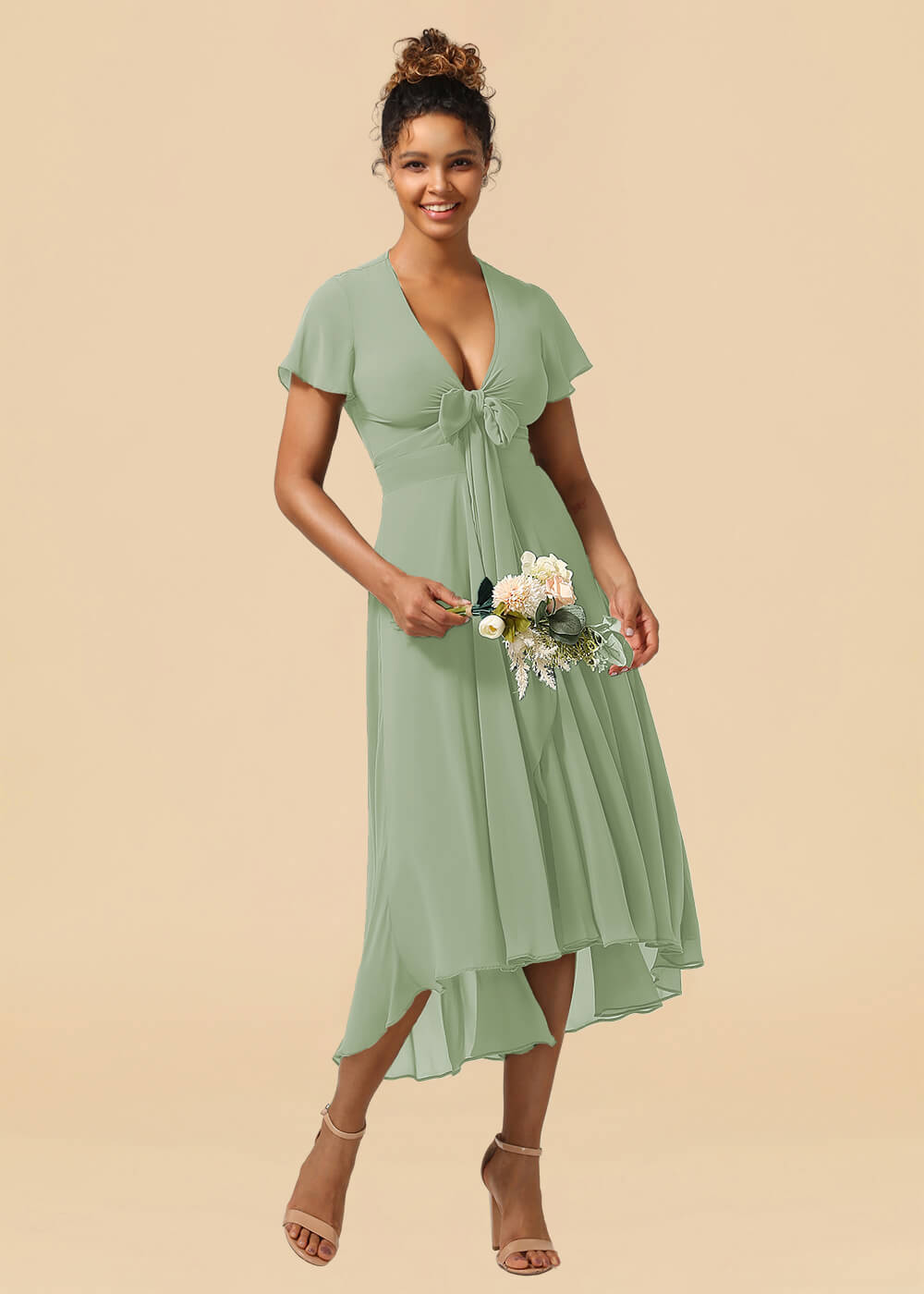 V-neck Cap Sleeve Tea Length High Low Chiffon A-line Bridesmaid Dress
