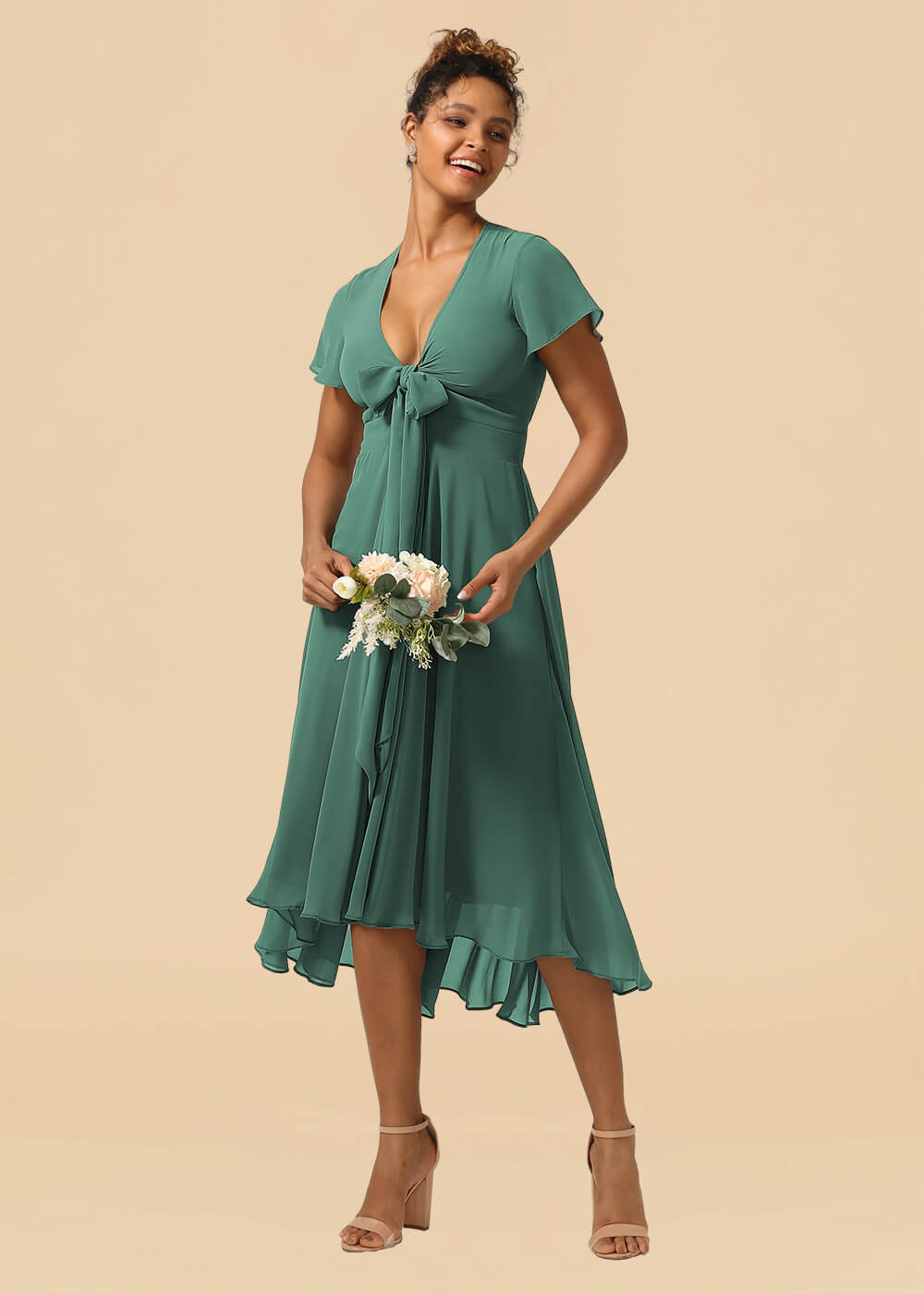 V-neck Cap Sleeve Tea Length High Low Chiffon A-line Bridesmaid Dress