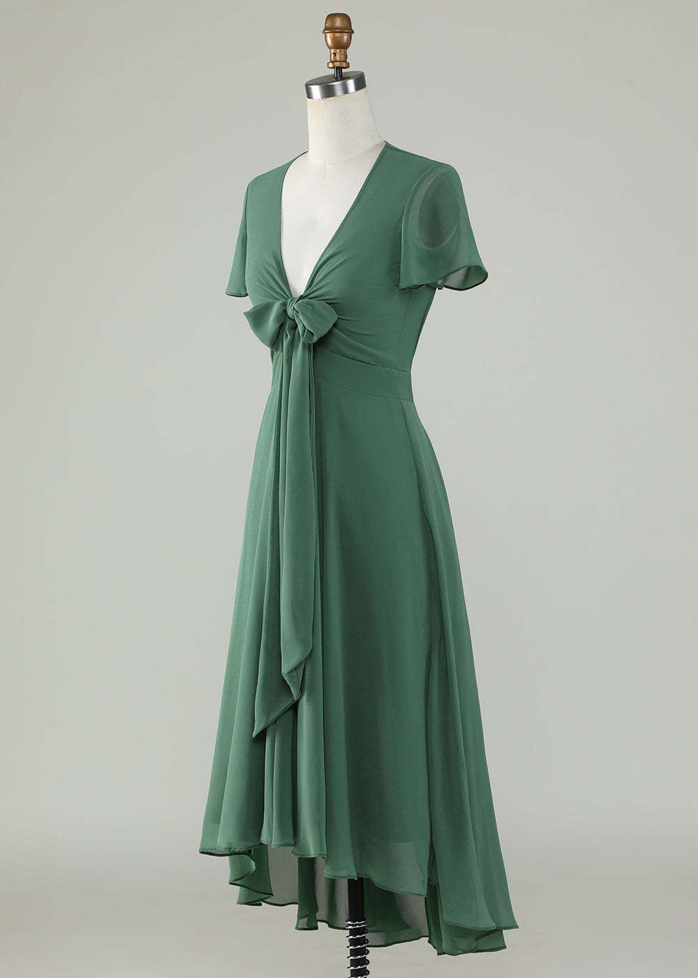 V-neck Cap Sleeve Tea Length High Low Chiffon A-line Bridesmaid Dress