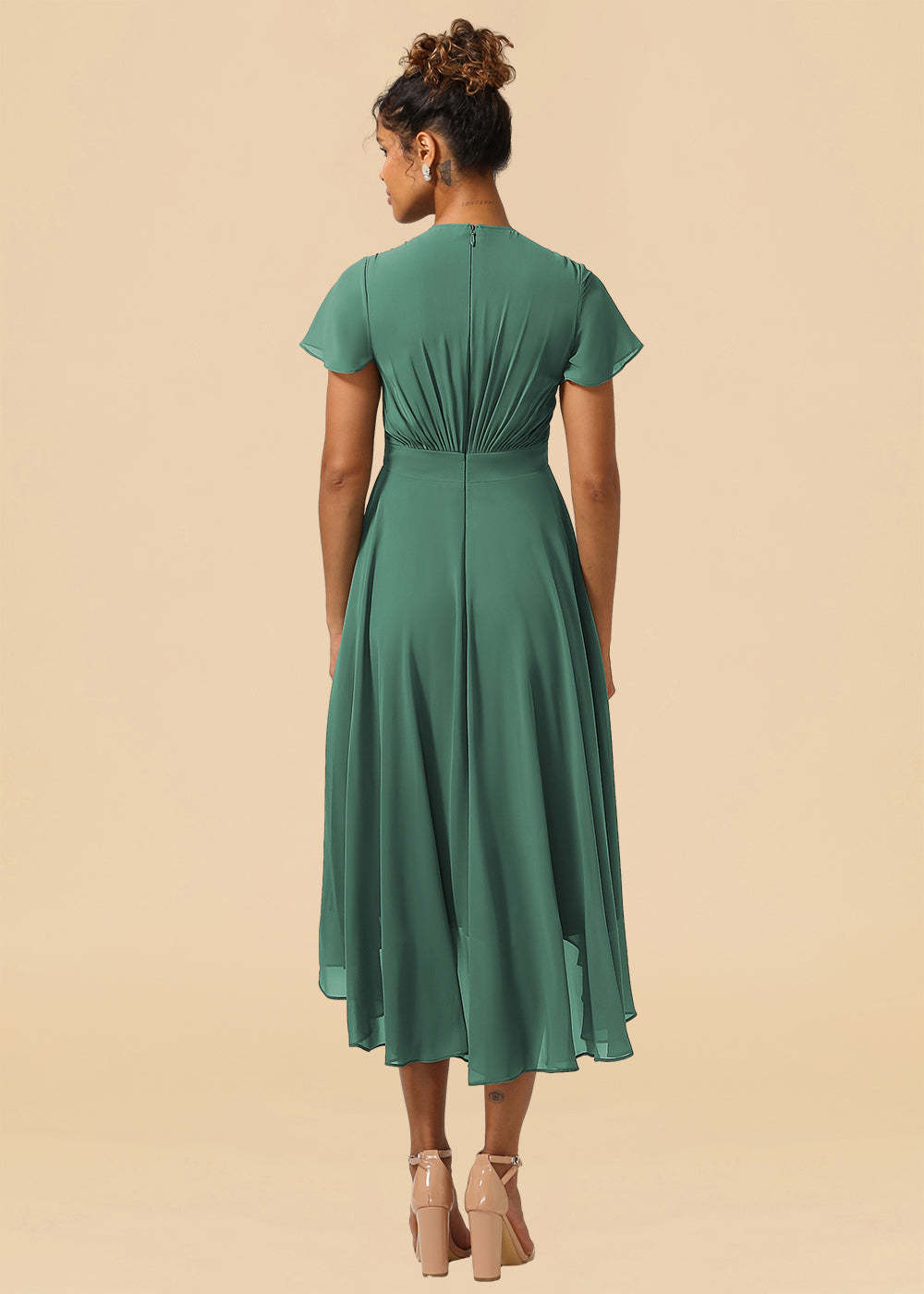 V-neck Cap Sleeve Tea Length High Low Chiffon A-line Bridesmaid Dress