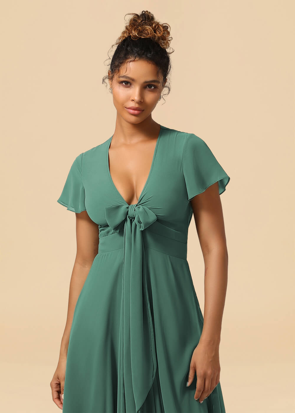 V-neck Cap Sleeve Tea Length High Low Chiffon A-line Bridesmaid Dress