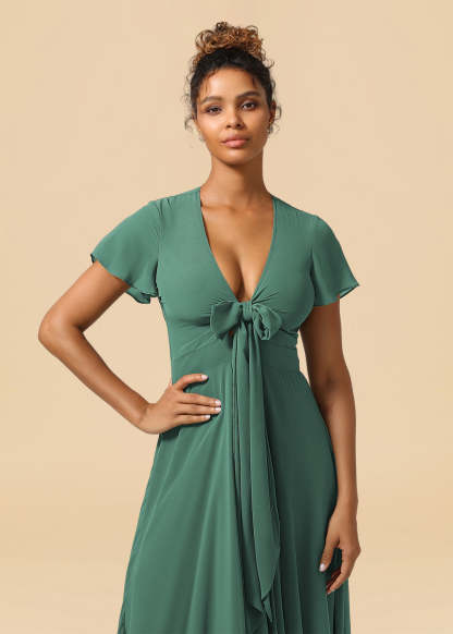 V-neck Cap Sleeve Tea Length High Low Chiffon A-line Bridesmaid Dress