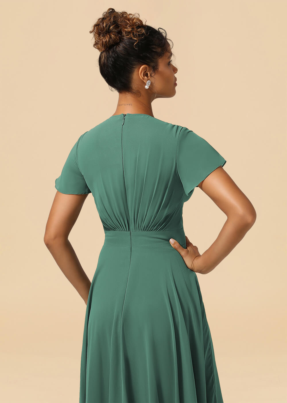 V-neck Cap Sleeve Tea Length High Low Chiffon A-line Bridesmaid Dress