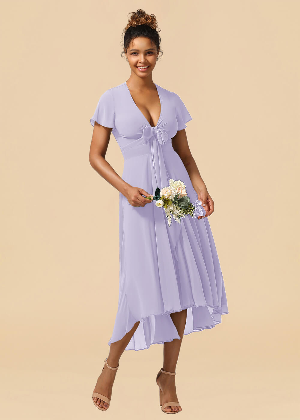 V-neck Cap Sleeve Tea Length High Low Chiffon A-line Bridesmaid Dress