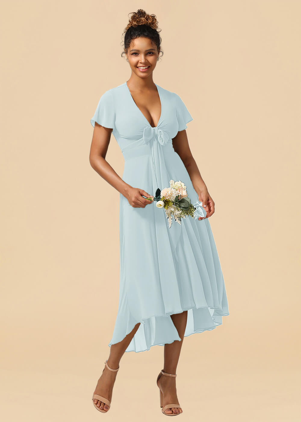 V-neck Cap Sleeve Tea Length High Low Chiffon A-line Bridesmaid Dress