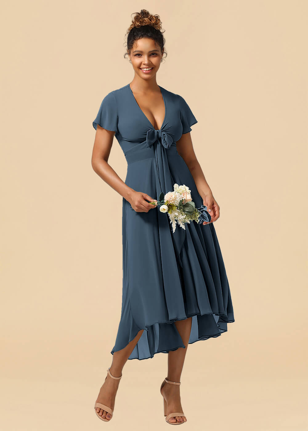 V-neck Cap Sleeve Tea Length High Low Chiffon A-line Bridesmaid Dress
