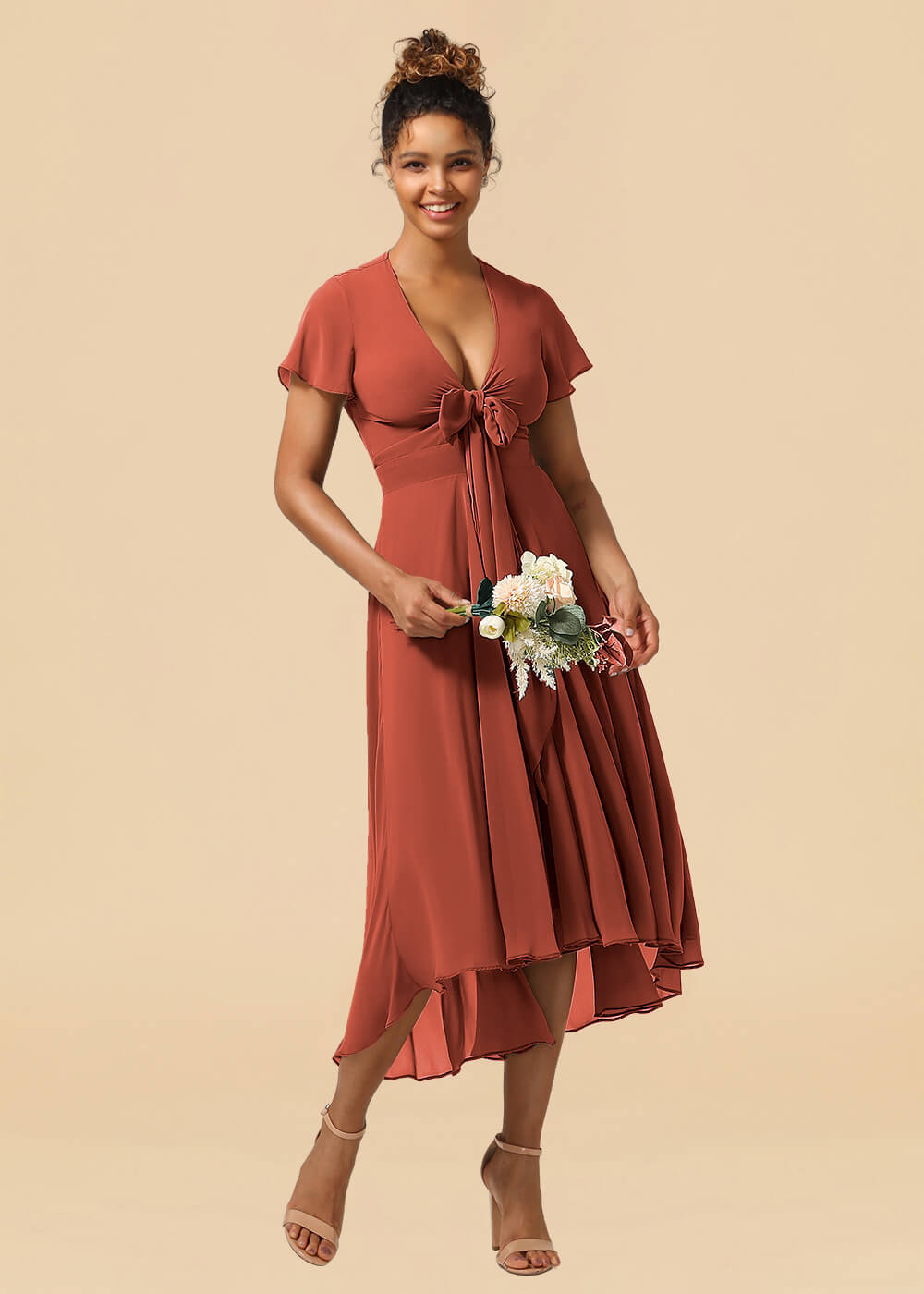 V-neck Cap Sleeve Tea Length High Low Chiffon A-line Bridesmaid Dress