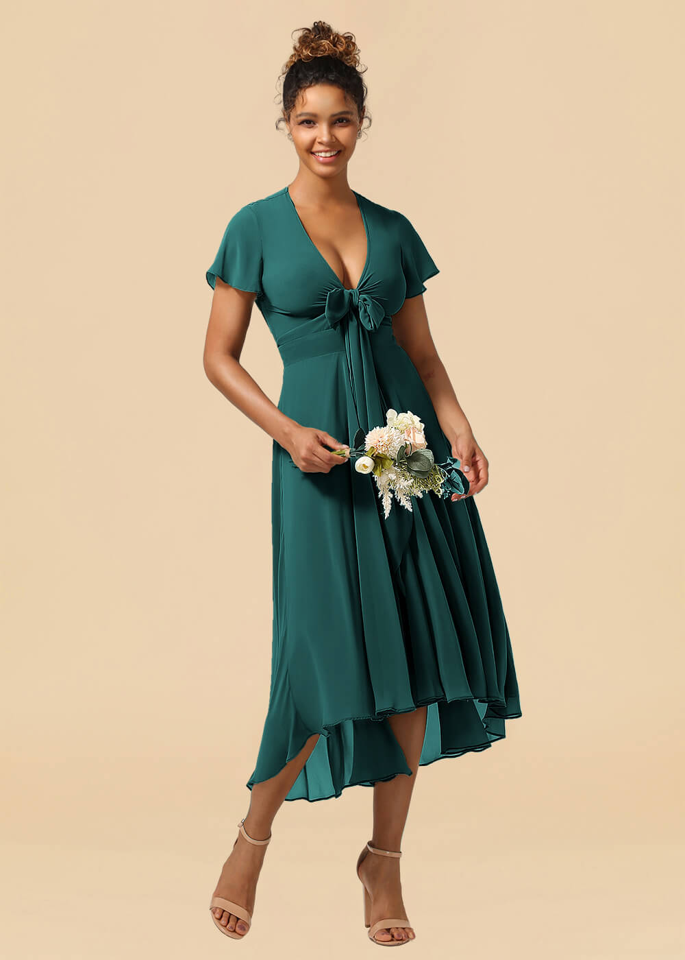 V-neck Cap Sleeve Tea Length High Low Chiffon A-line Bridesmaid Dress