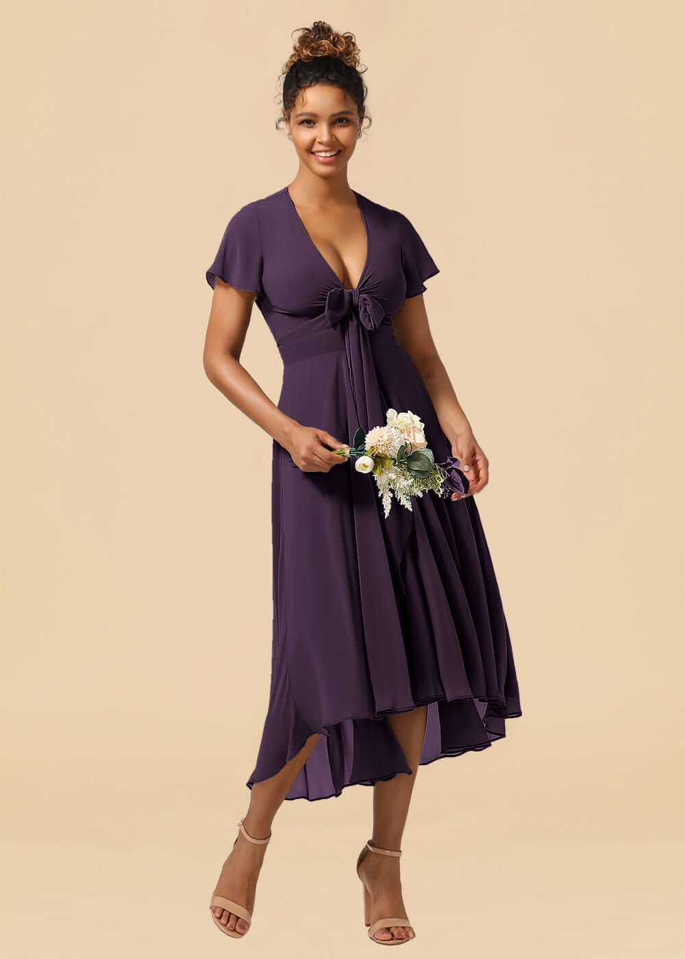 V-neck Cap Sleeve Tea Length High Low Chiffon A-line Bridesmaid Dress