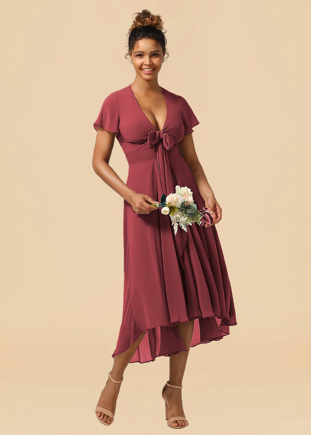 V-neck Cap Sleeve Tea Length High Low Chiffon A-line Bridesmaid Dress