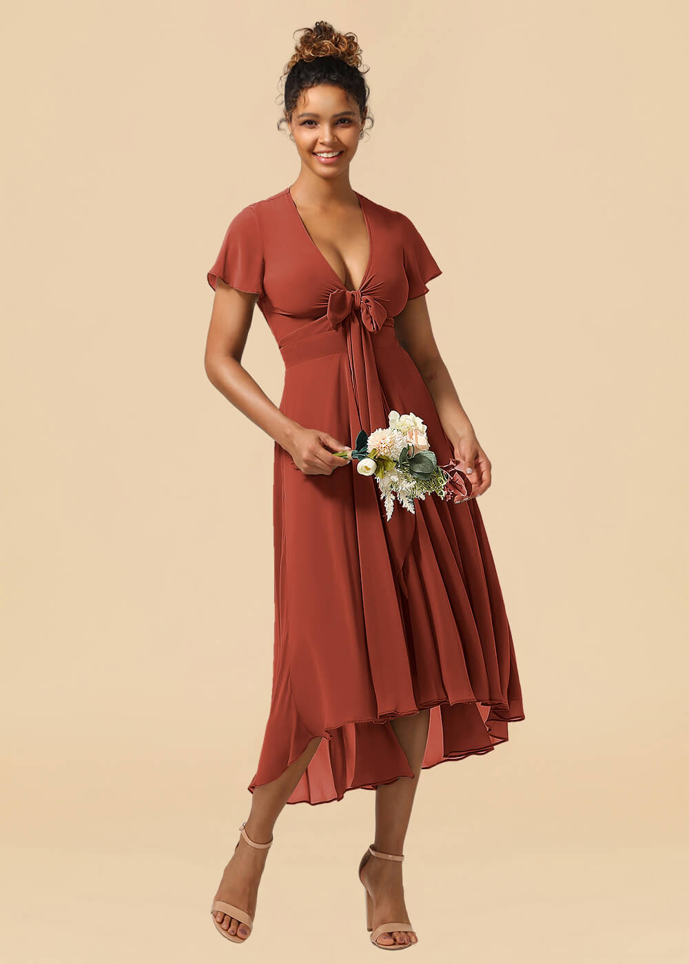V-neck Cap Sleeve Tea Length High Low Chiffon A-line Bridesmaid Dress