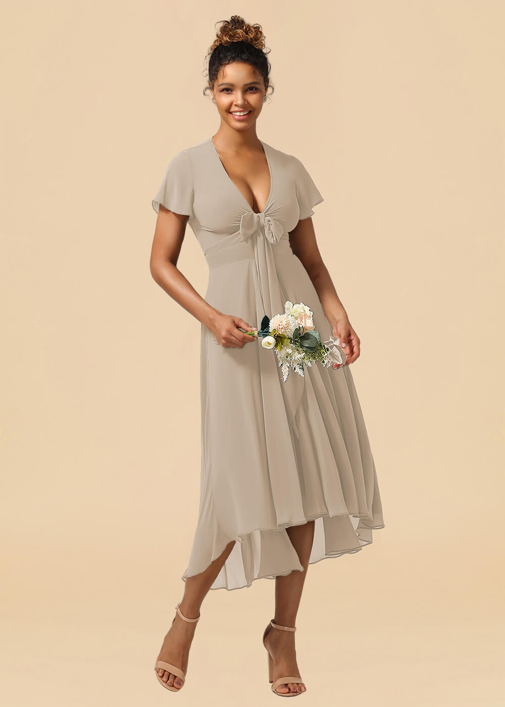V-neck Cap Sleeve Tea Length High Low Chiffon A-line Bridesmaid Dress