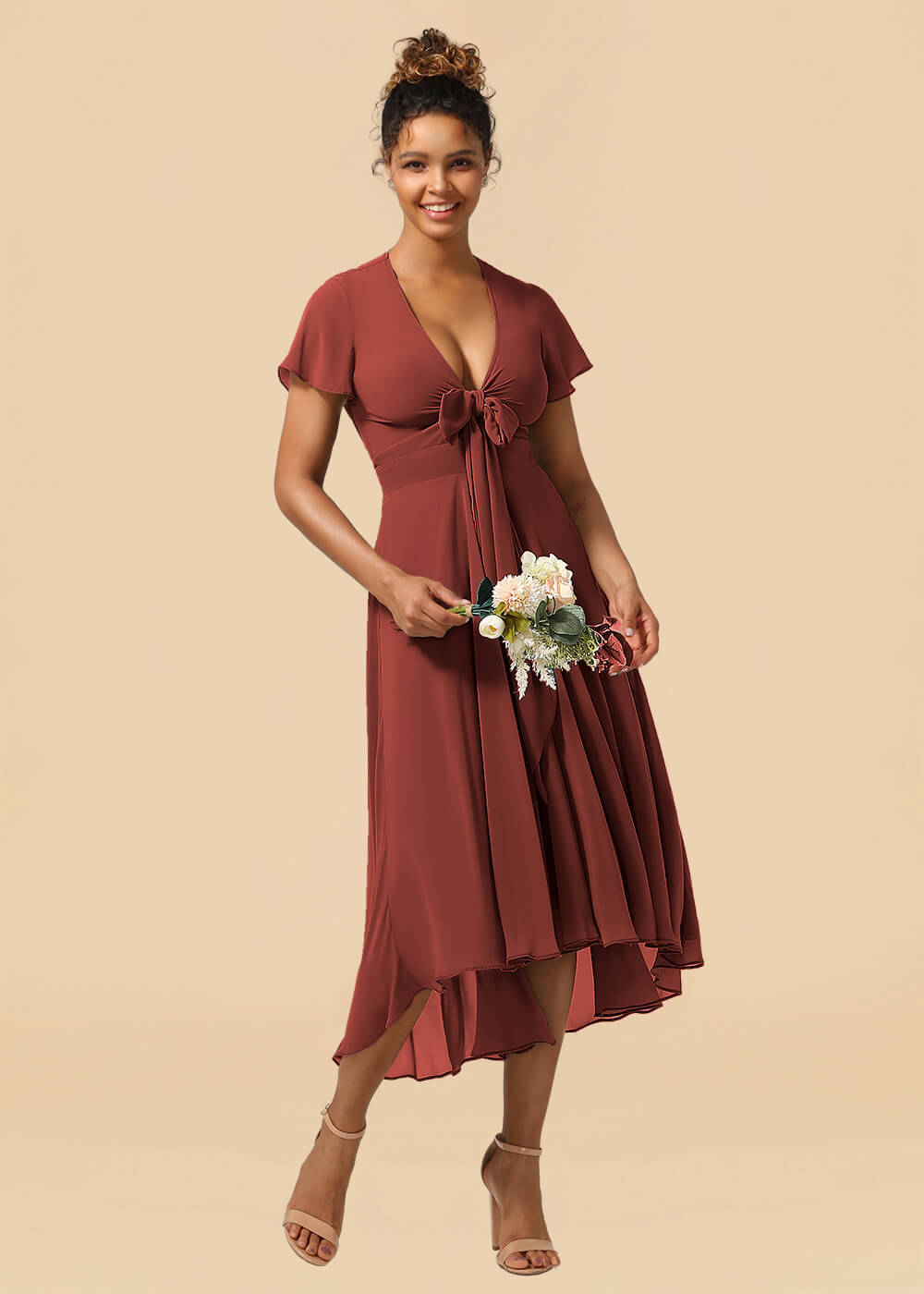 V-neck Cap Sleeve Tea Length High Low Chiffon A-line Bridesmaid Dress