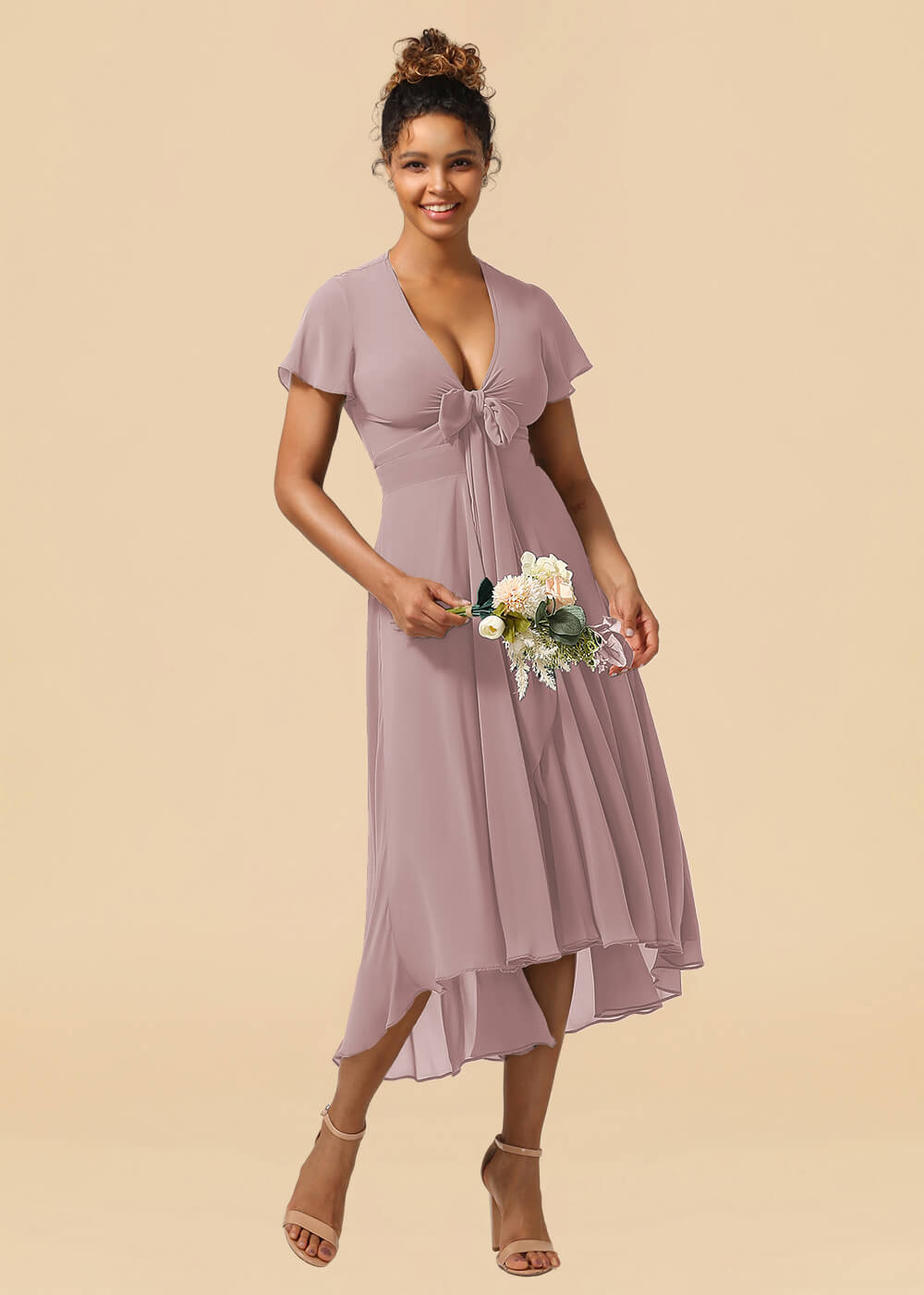 V-neck Cap Sleeve Tea Length High Low Chiffon A-line Bridesmaid Dress