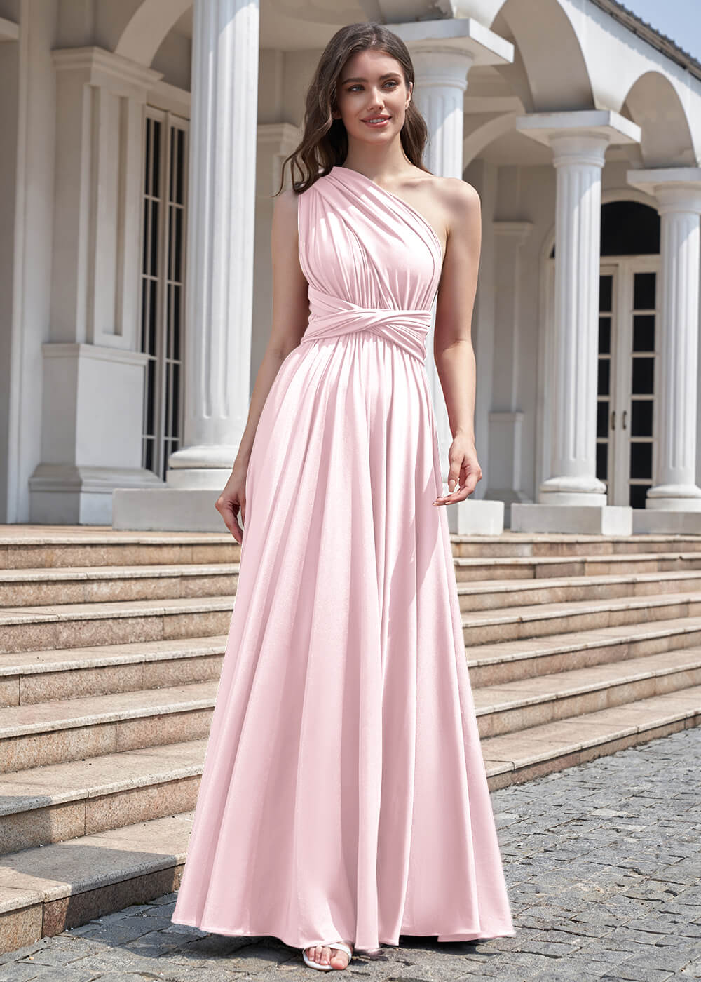 Convertible A-line Floor Length Pleated Bridesmaid Dress