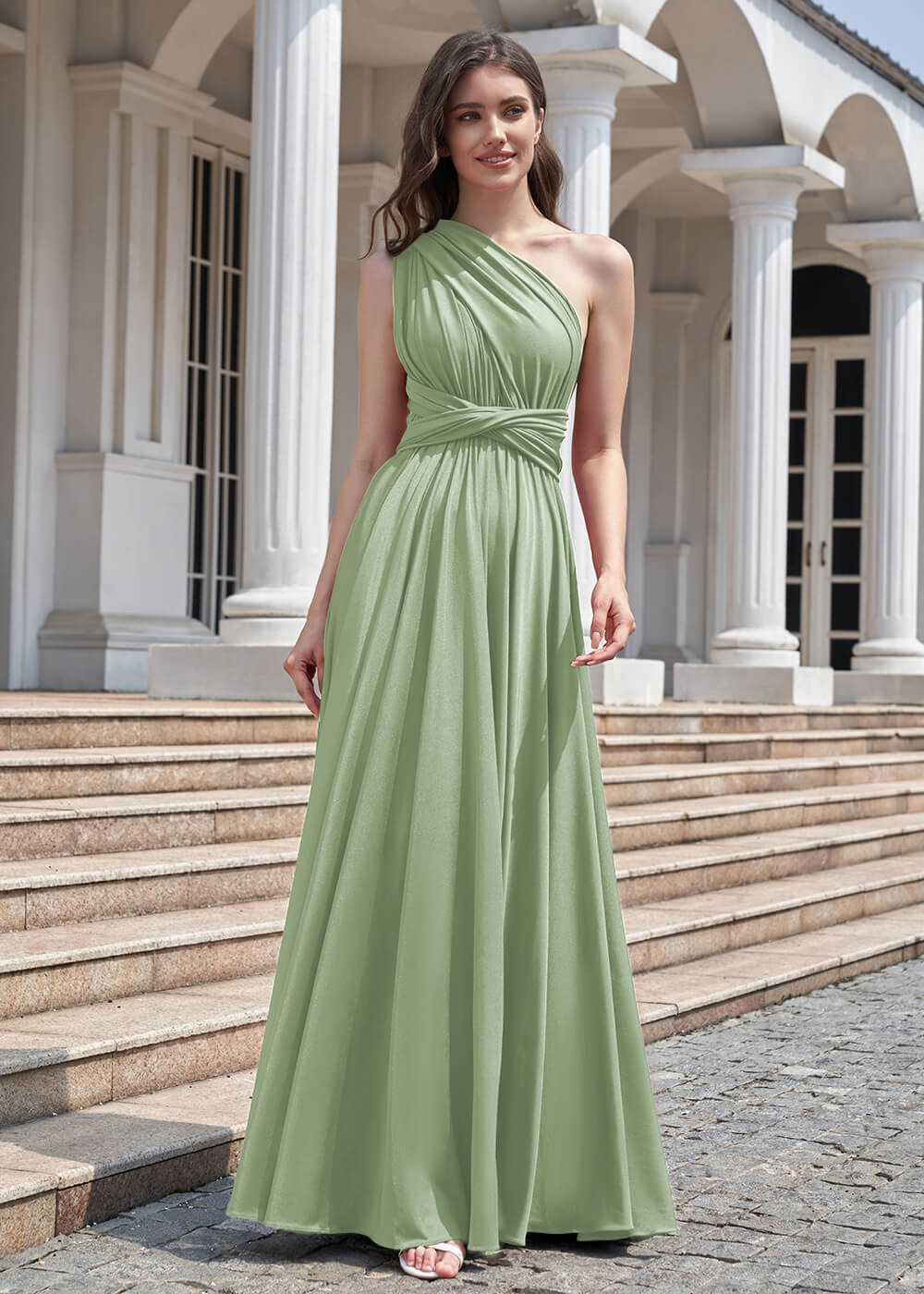 Convertible A-line Floor Length Pleated Bridesmaid Dress