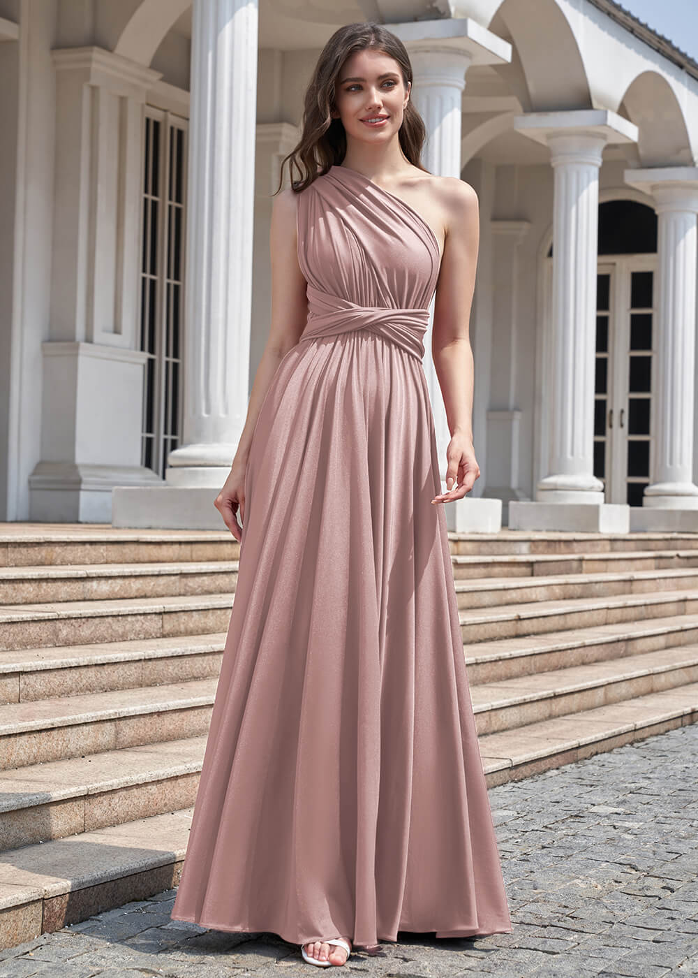 Convertible A-line Floor Length Pleated Bridesmaid Dress