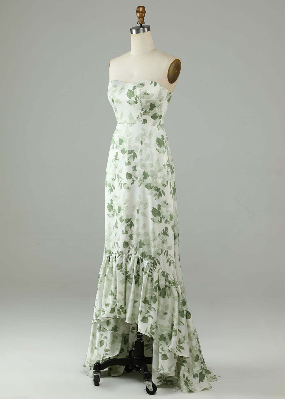 Green Leaf Printing Strapless Satin Ruffles Hem Long Bridesmaid Dress