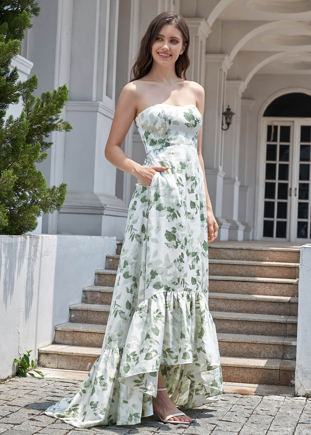 Green Leaf Printing Strapless Satin Ruffles Hem Long Bridesmaid Dress