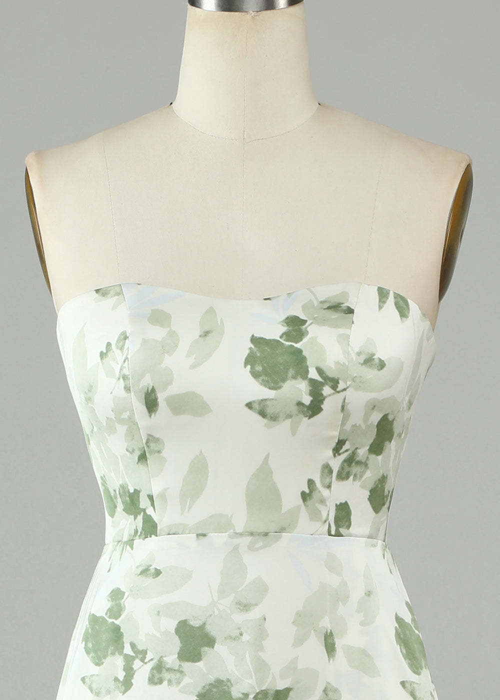 Green Leaf Printing Strapless Satin Ruffles Hem Long Bridesmaid Dress