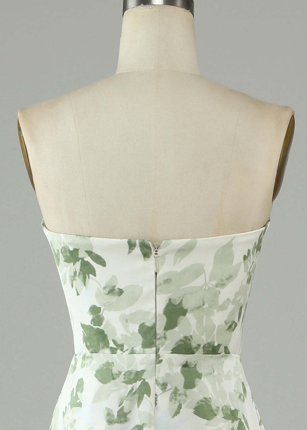 Green Leaf Printing Strapless Satin Ruffles Hem Long Bridesmaid Dress