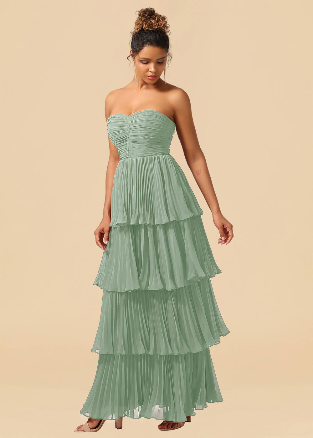 Strapless Tiered Chiffon Pleated A-line Floor Length Bridesmaid Dress