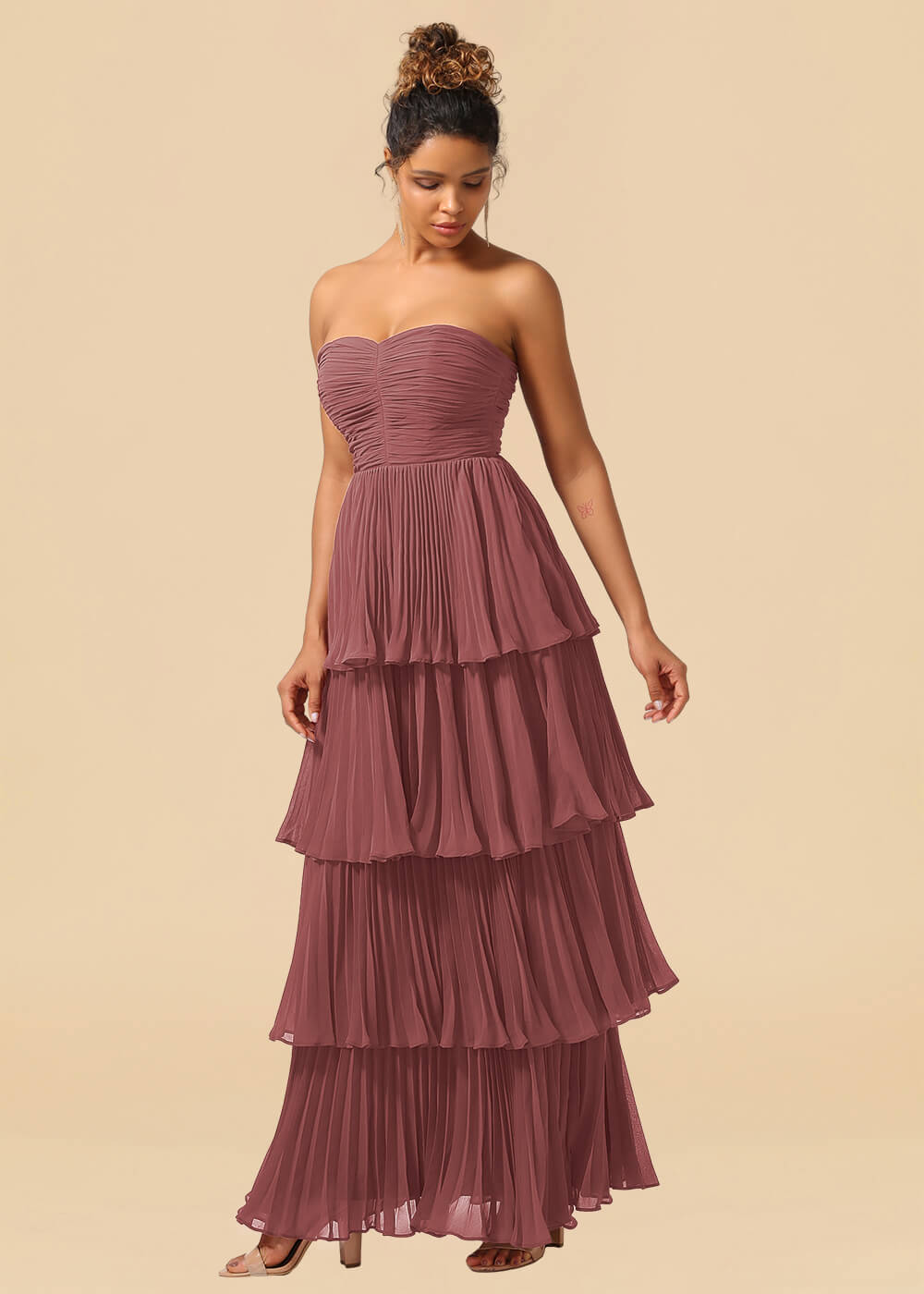 Strapless Tiered Chiffon Pleated A-line Floor Length Bridesmaid Dress