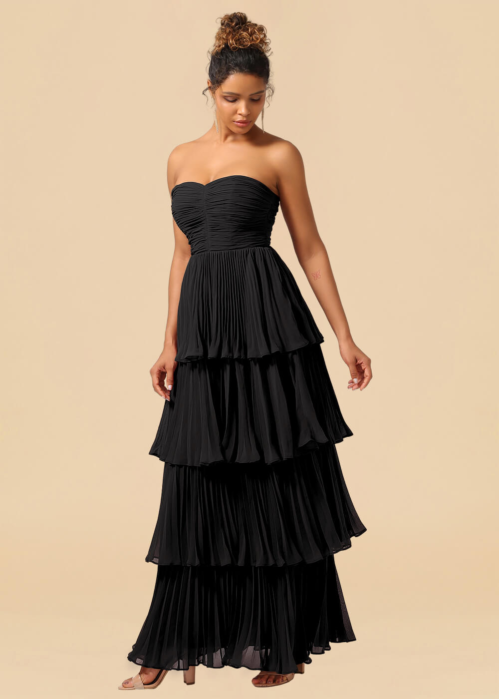 Strapless Tiered Chiffon Pleated A-line Floor Length Bridesmaid Dress