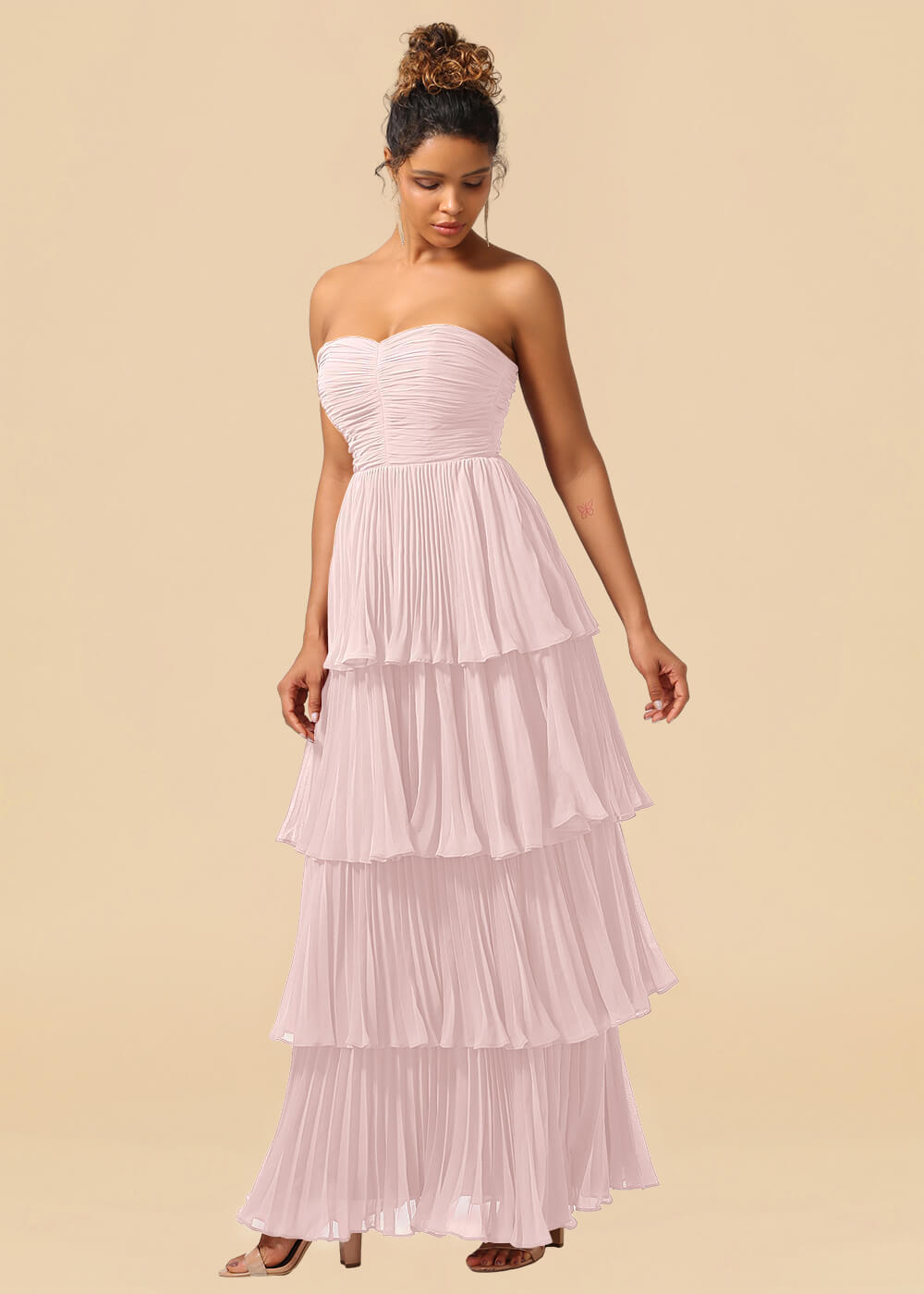 Strapless Tiered Chiffon Pleated A-line Floor Length Bridesmaid Dress