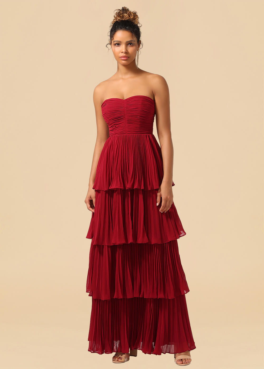 Strapless Tiered Chiffon Pleated A-line Floor Length Bridesmaid Dress