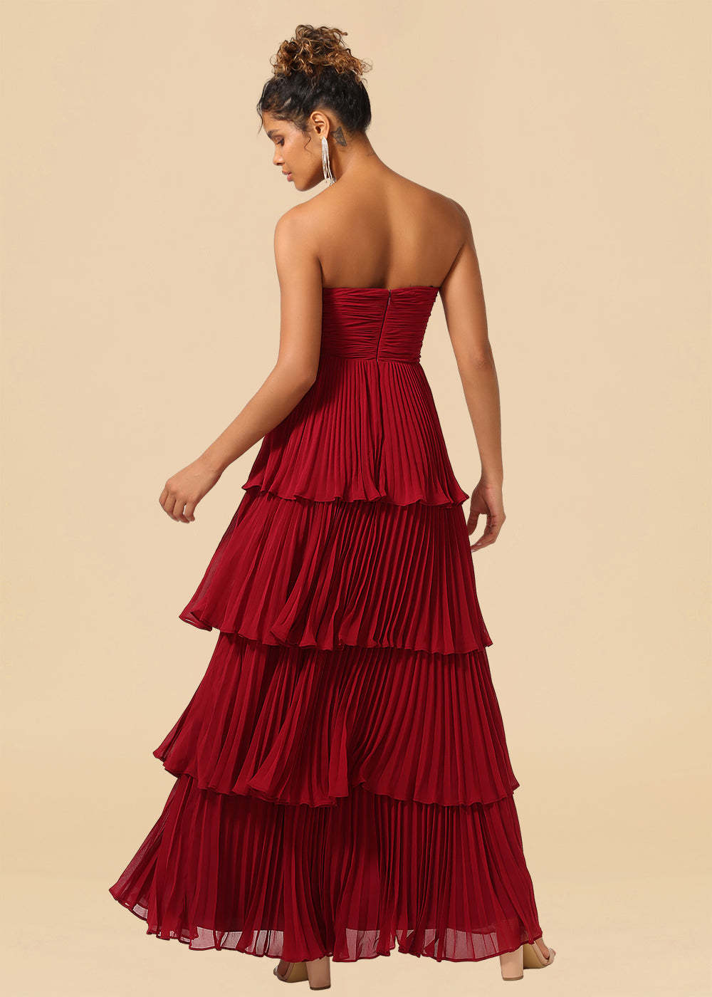 Strapless Tiered Chiffon Pleated A-line Floor Length Bridesmaid Dress