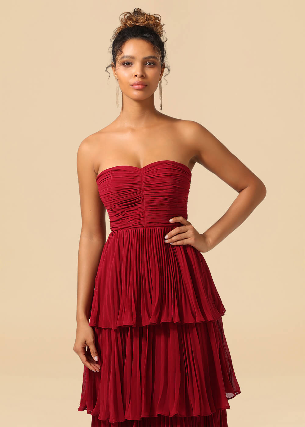 Strapless Tiered Chiffon Pleated A-line Floor Length Bridesmaid Dress