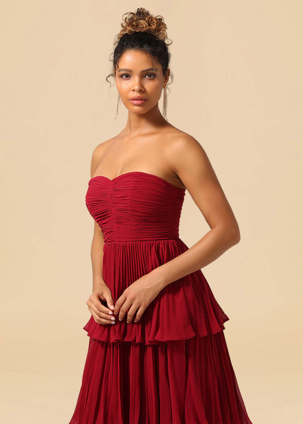 Strapless Tiered Chiffon Pleated A-line Floor Length Bridesmaid Dress