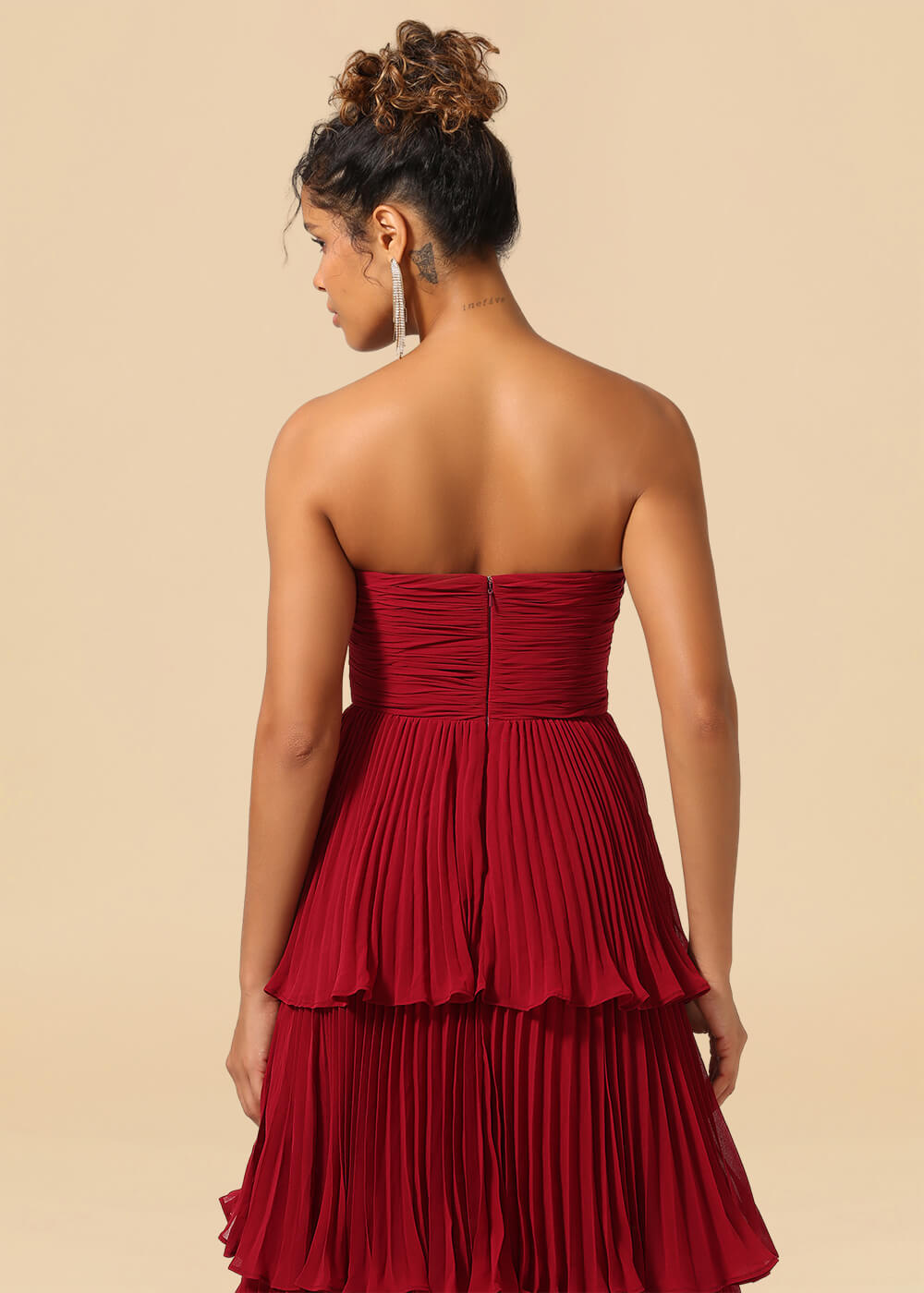 Strapless Tiered Chiffon Pleated A-line Floor Length Bridesmaid Dress