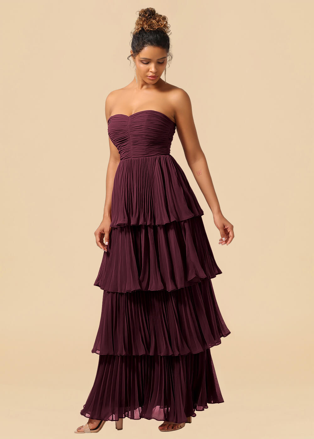Strapless Tiered Chiffon Pleated A-line Floor Length Bridesmaid Dress