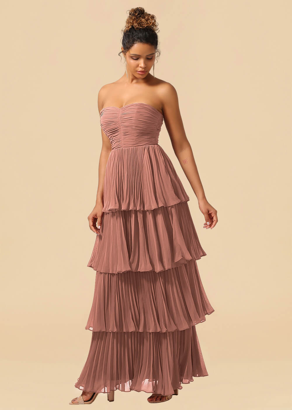Strapless Tiered Chiffon Pleated A-line Floor Length Bridesmaid Dress