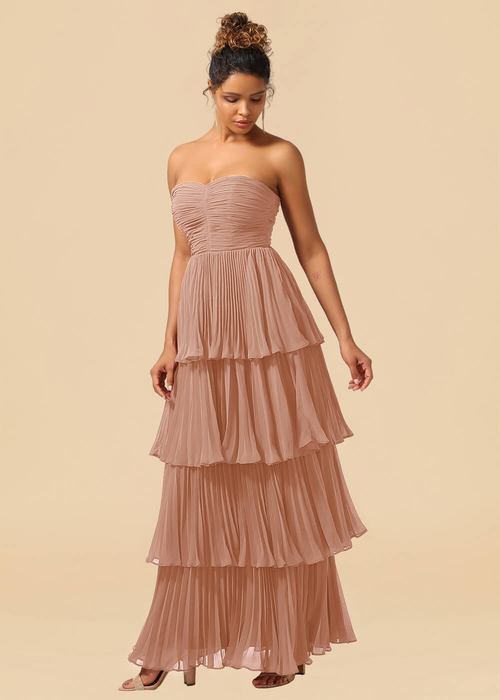Strapless Tiered Chiffon Pleated A-line Floor Length Bridesmaid Dress
