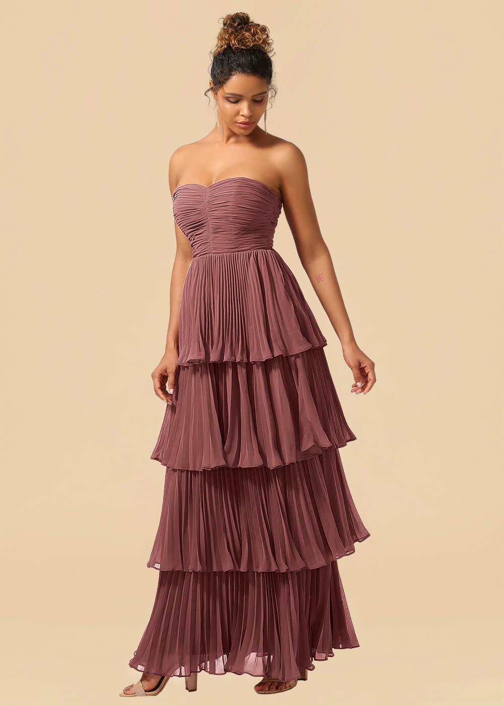 Strapless Tiered Chiffon Pleated A-line Floor Length Bridesmaid Dress