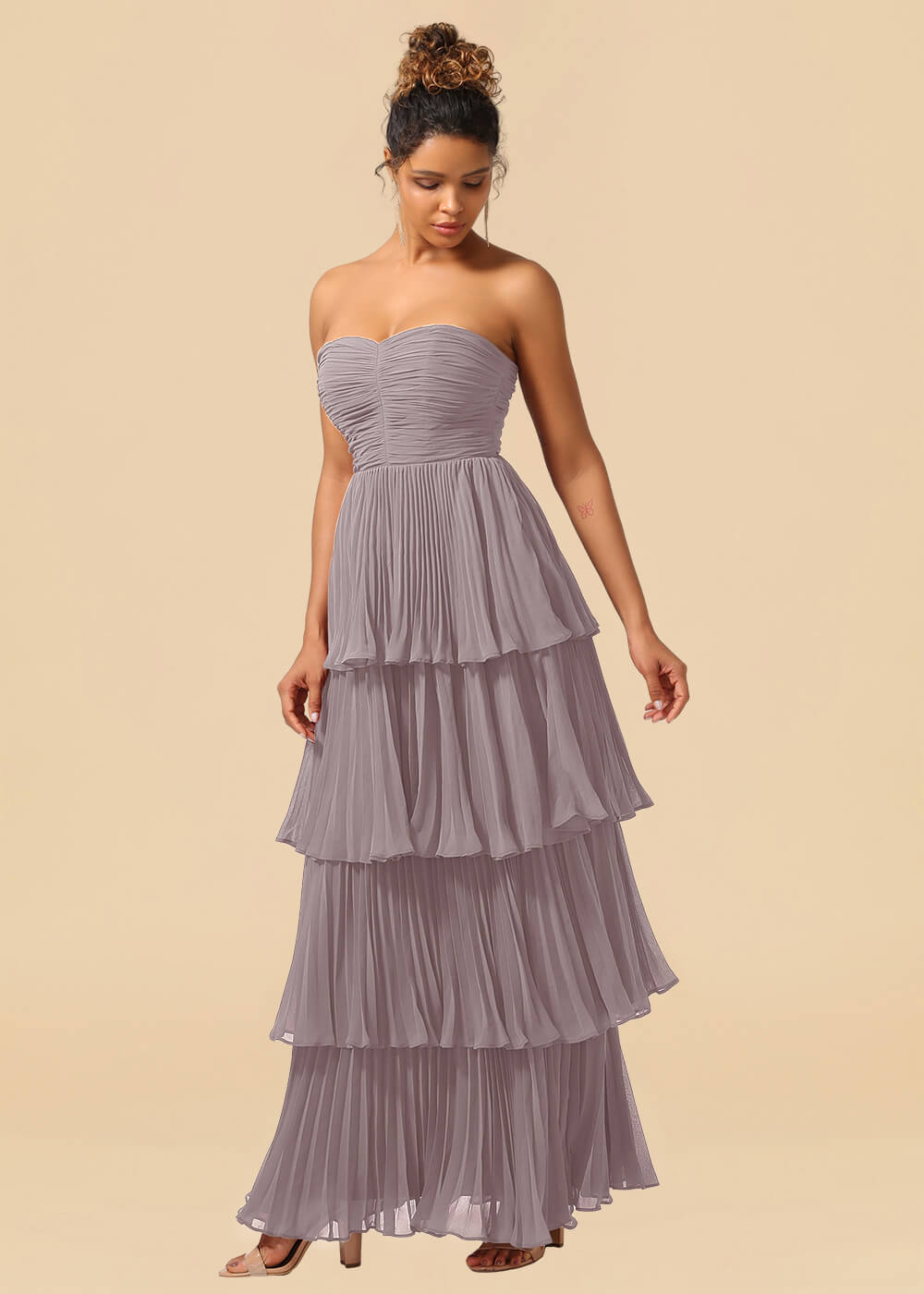 Strapless Tiered Chiffon Pleated A-line Floor Length Bridesmaid Dress
