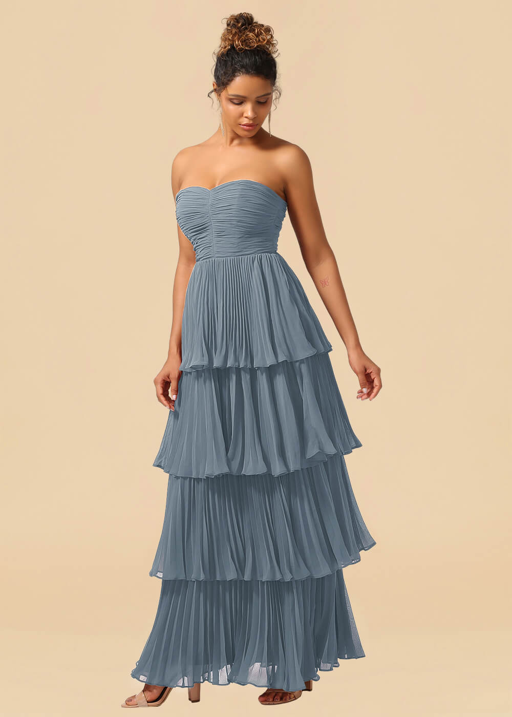 Strapless Tiered Chiffon Pleated A-line Floor Length Bridesmaid Dress