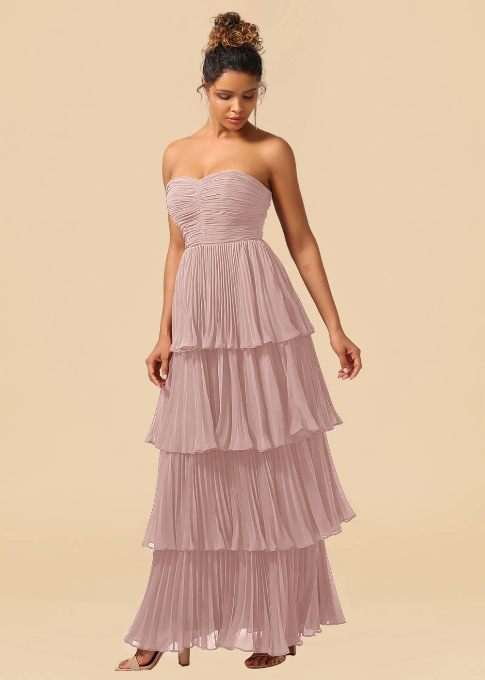 Strapless Tiered Chiffon Pleated A-line Floor Length Bridesmaid Dress