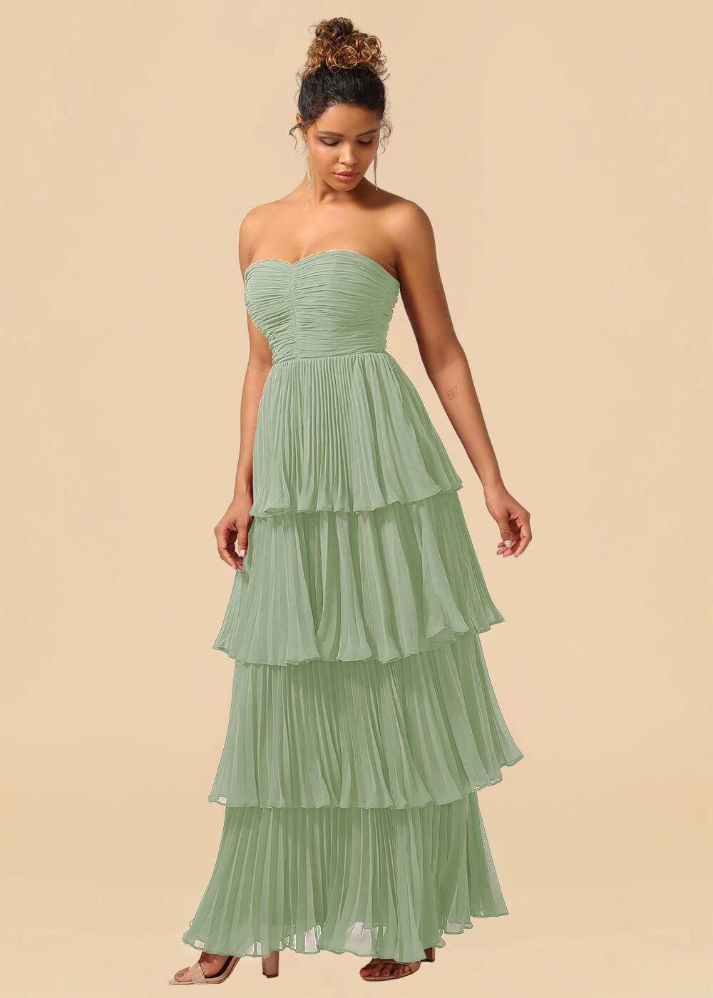 Strapless Tiered Chiffon Pleated A-line Floor Length Bridesmaid Dress