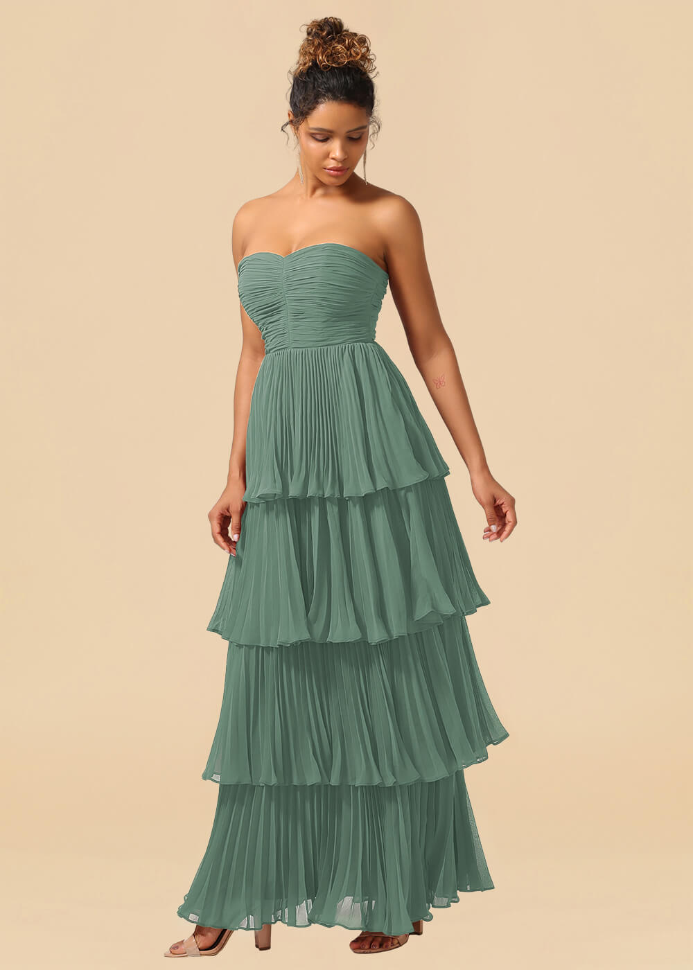 Strapless Tiered Chiffon Pleated A-line Floor Length Bridesmaid Dress
