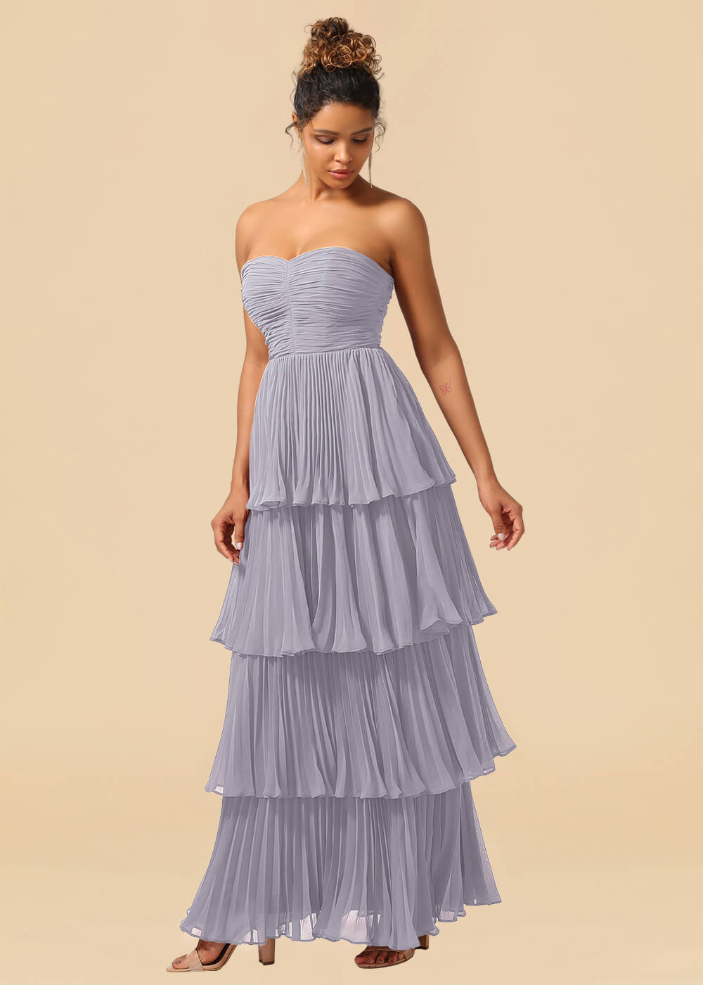Strapless Tiered Chiffon Pleated A-line Floor Length Bridesmaid Dress