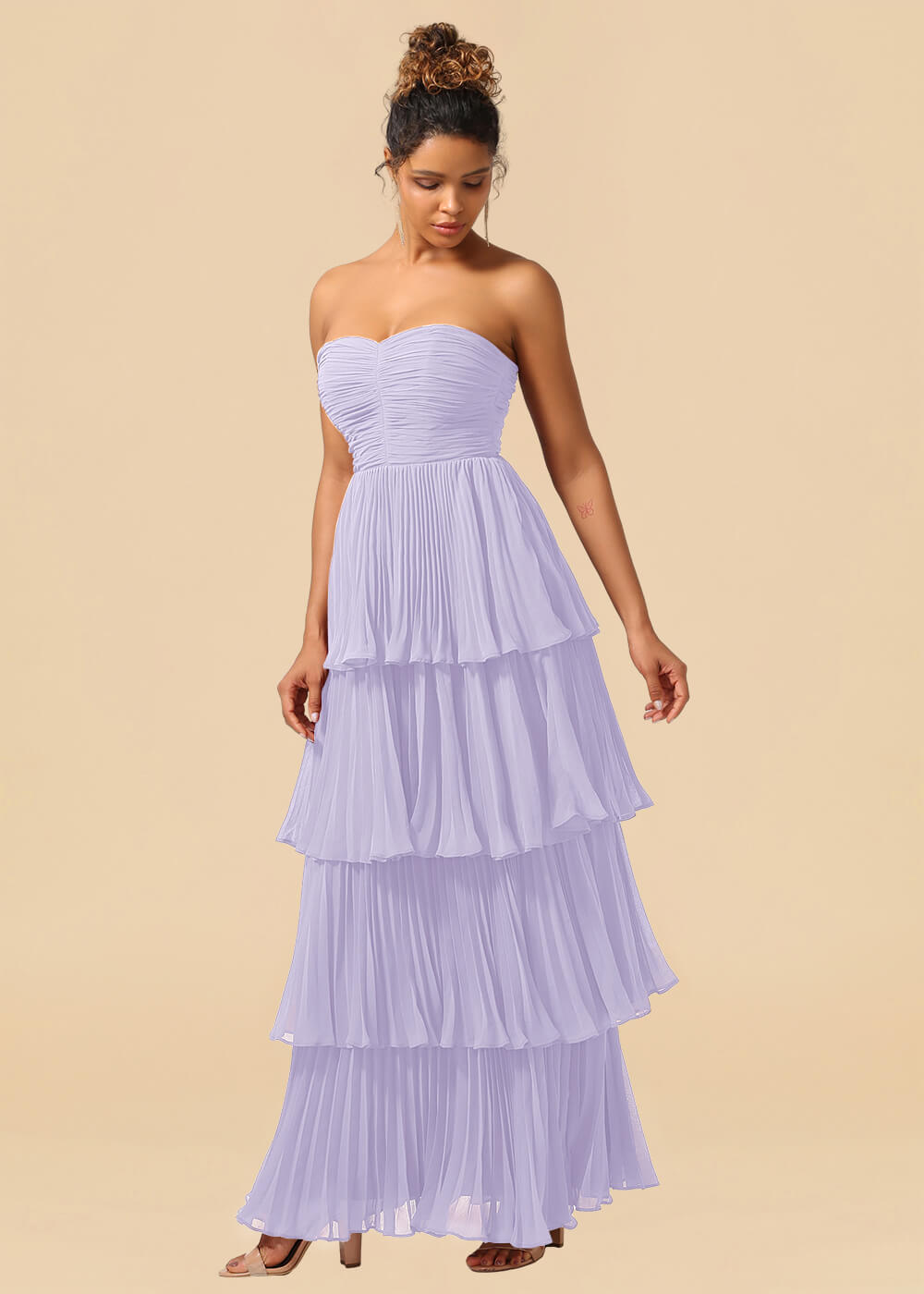 Strapless Tiered Chiffon Pleated A-line Floor Length Bridesmaid Dress