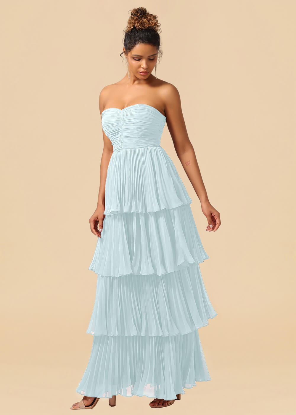 Strapless Tiered Chiffon Pleated A-line Floor Length Bridesmaid Dress